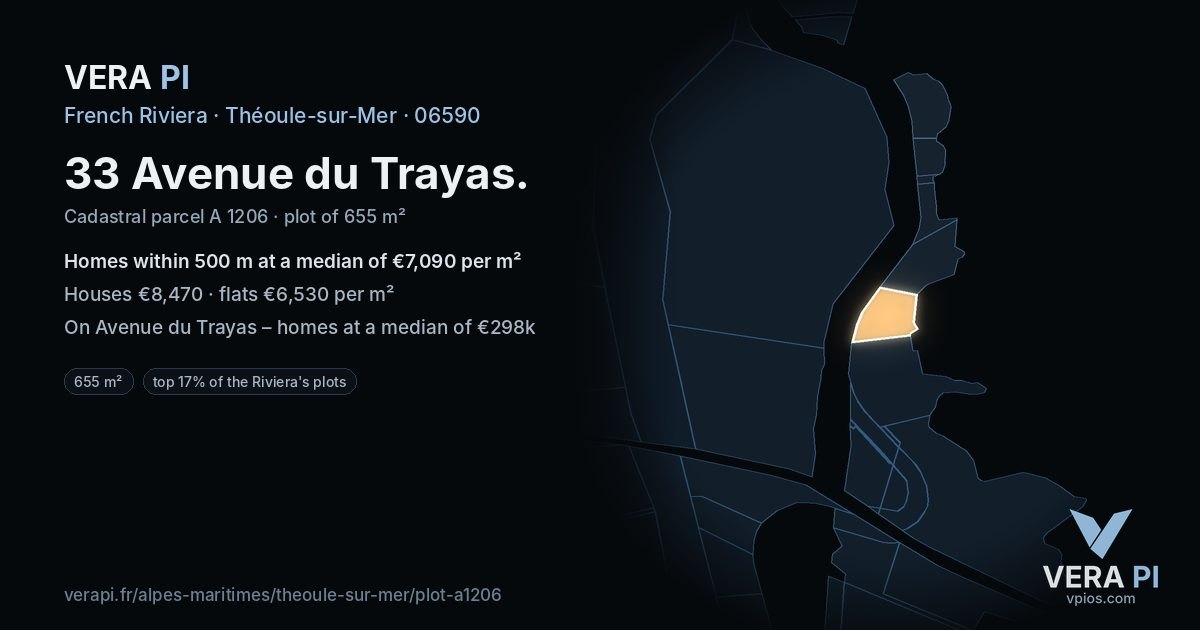 33 Avenue du Trayas, Théoule-sur-Mer at night – the plot lit, the parcels around coloured by the prices near them