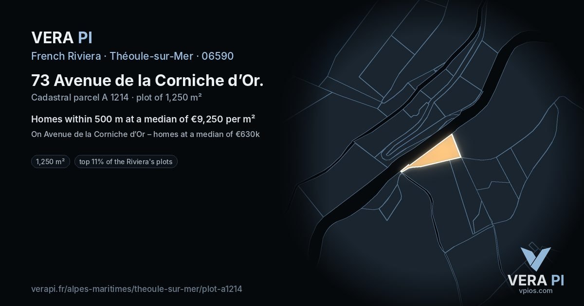 73 Avenue de la Corniche d’Or, Théoule-sur-Mer at night – the plot lit, the parcels around coloured by the prices near them