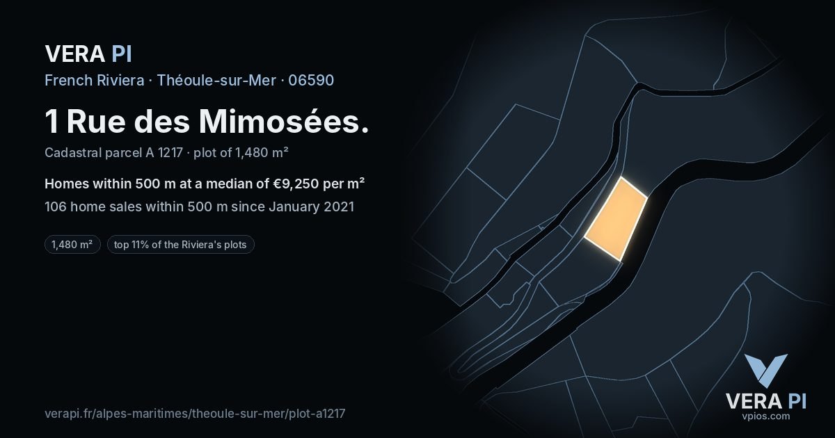 1 Rue des Mimosées, Théoule-sur-Mer at night – the plot lit, the parcels around coloured by the prices near them