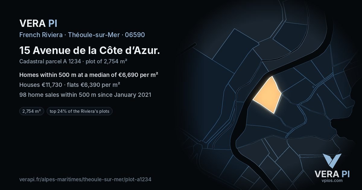 15 Avenue de la Côte d’Azur, Théoule-sur-Mer at night – the plot lit, the parcels around coloured by the prices near them
