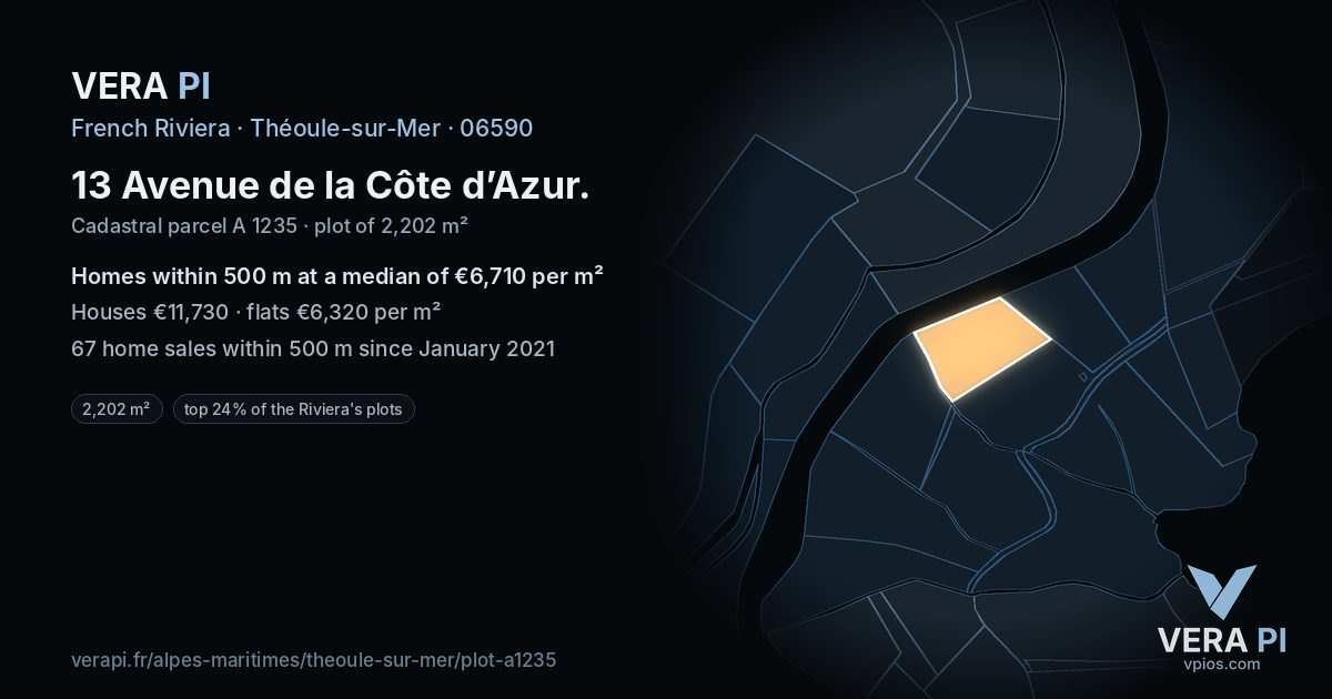 13 Avenue de la Côte d’Azur, Théoule-sur-Mer at night – the plot lit, the parcels around coloured by the prices near them