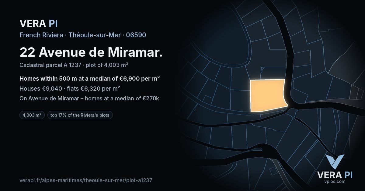 22 Avenue de Miramar, Théoule-sur-Mer at night – the plot lit, the parcels around coloured by the prices near them