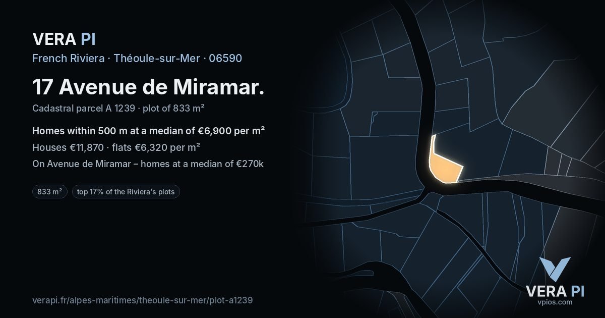 17 Avenue de Miramar, Théoule-sur-Mer at night – the plot lit, the parcels around coloured by the prices near them