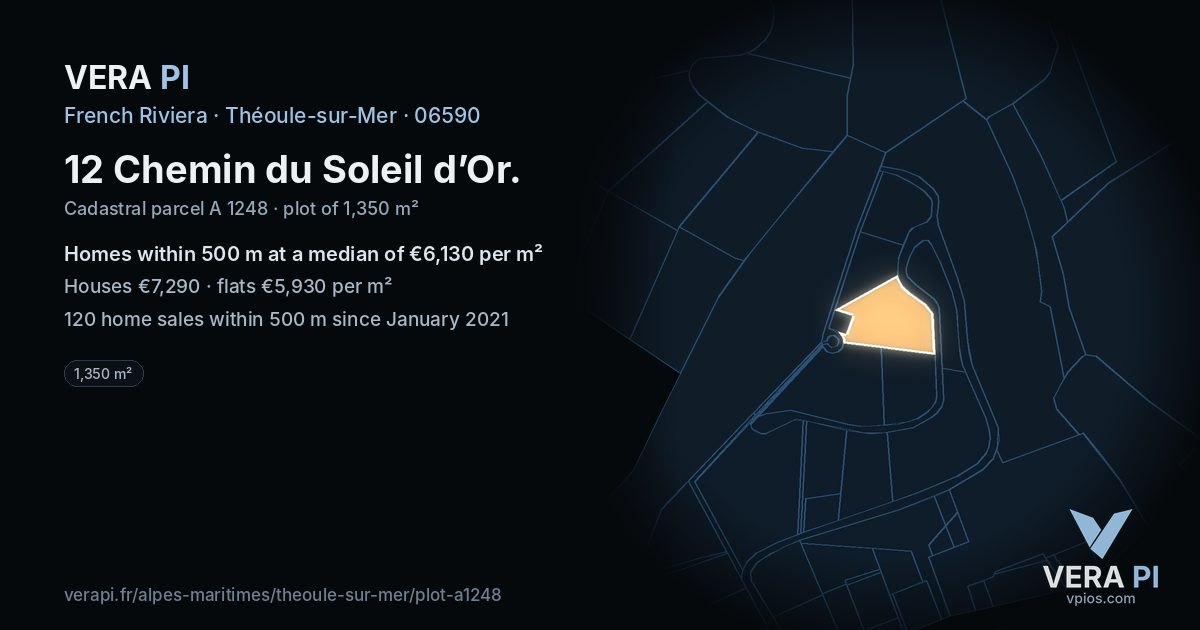 12 Chemin du Soleil d’Or, Théoule-sur-Mer at night – the plot lit, the parcels around coloured by the prices near them