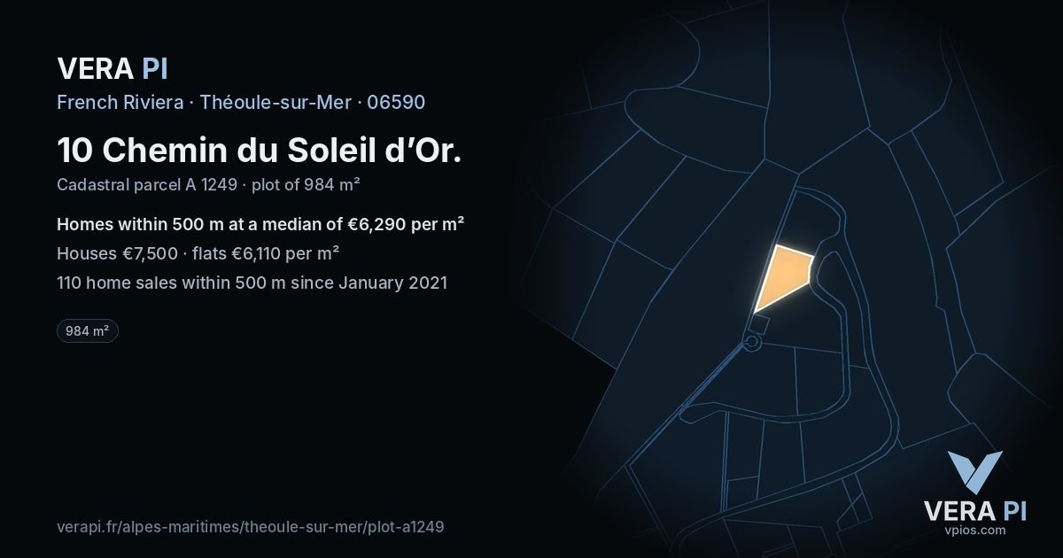 10 Chemin du Soleil d’Or, Théoule-sur-Mer at night – the plot lit, the parcels around coloured by the prices near them