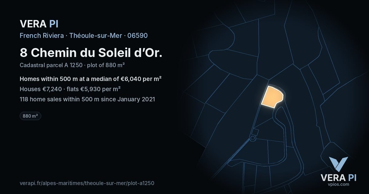 8 Chemin du Soleil d’Or, Théoule-sur-Mer at night – the plot lit, the parcels around coloured by the prices near them