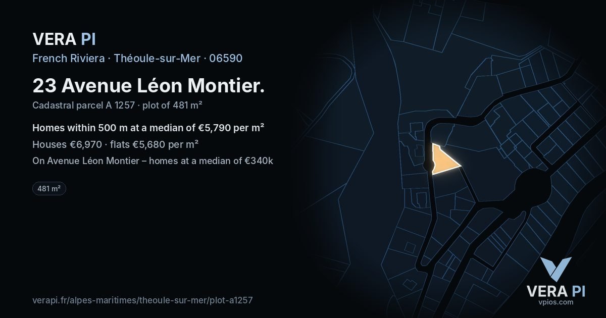 23 Avenue Léon Montier, Théoule-sur-Mer at night – the plot lit, the parcels around coloured by the prices near them