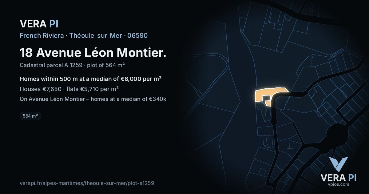 18 Avenue Léon Montier, Théoule-sur-Mer at night – the plot lit, the parcels around coloured by the prices near them