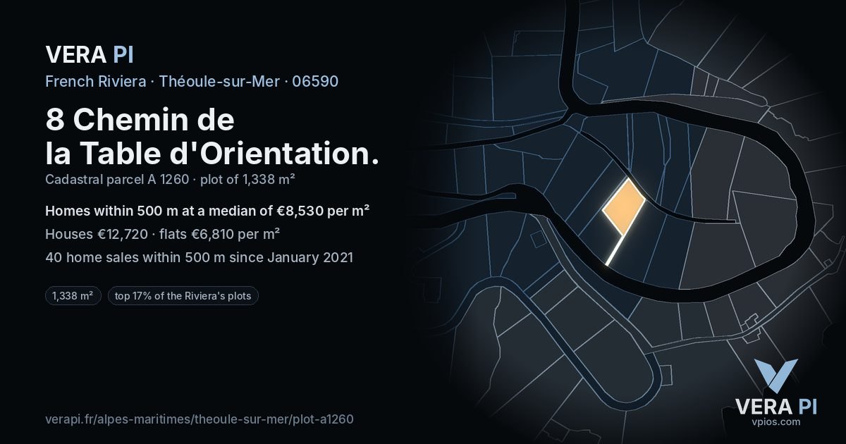 8 Chemin de la Table d'Orientation, Théoule-sur-Mer at night – the plot lit, the parcels around coloured by the prices near them