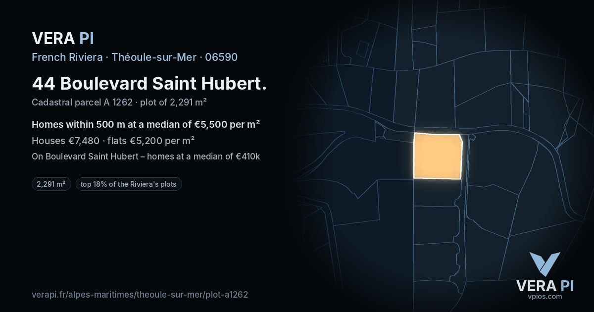 44 Boulevard Saint Hubert, Théoule-sur-Mer at night – the plot lit, the parcels around coloured by the prices near them