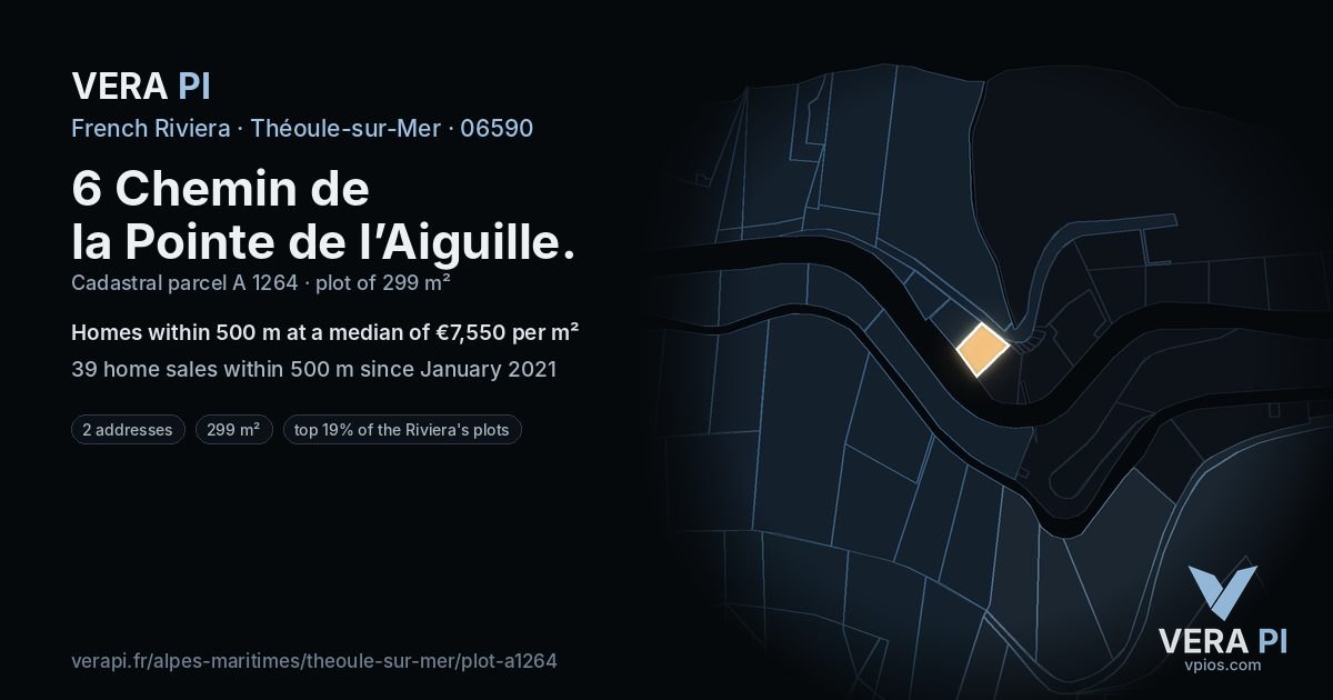 6 Chemin de la Pointe de l’Aiguille, Théoule-sur-Mer at night – the plot lit, the parcels around coloured by the prices near them