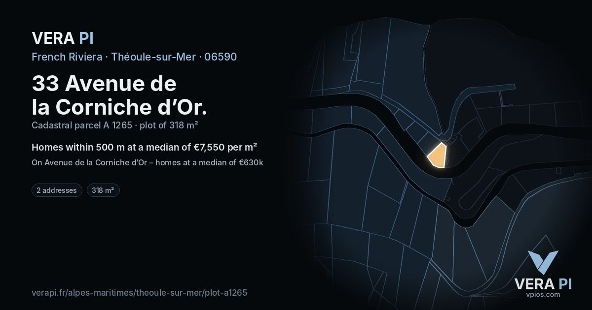33 Avenue de la Corniche d’Or, Théoule-sur-Mer at night – the plot lit, the parcels around coloured by the prices near them