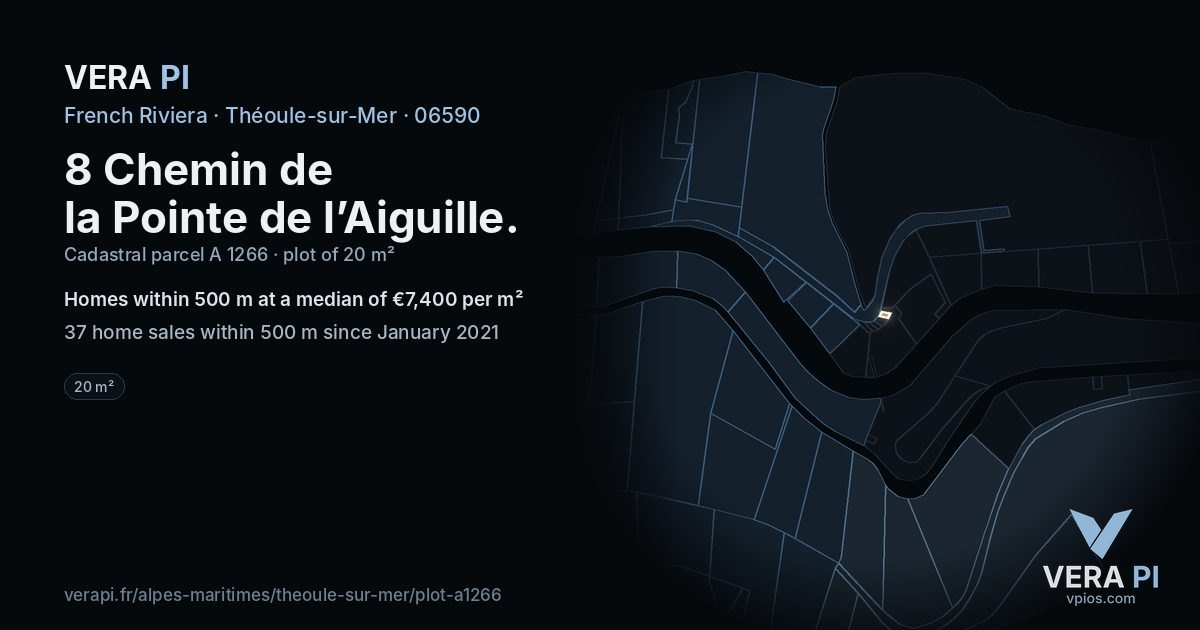 8 Chemin de la Pointe de l’Aiguille, Théoule-sur-Mer at night – the plot lit, the parcels around coloured by the prices near them