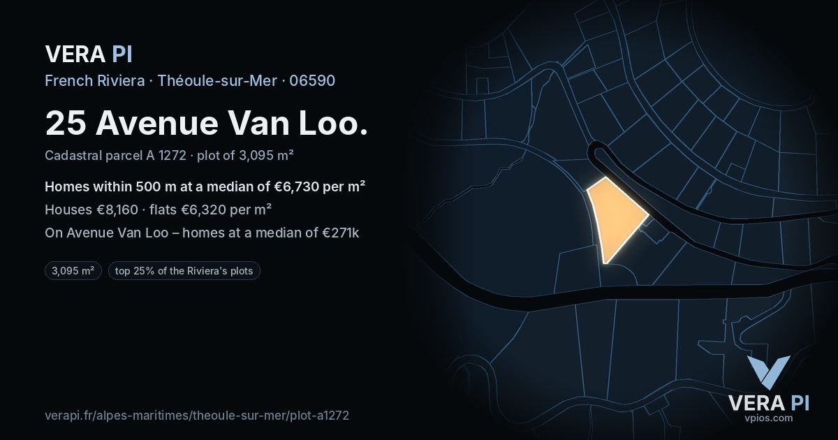 25 Avenue Van Loo, Théoule-sur-Mer at night – the plot lit, the parcels around coloured by the prices near them