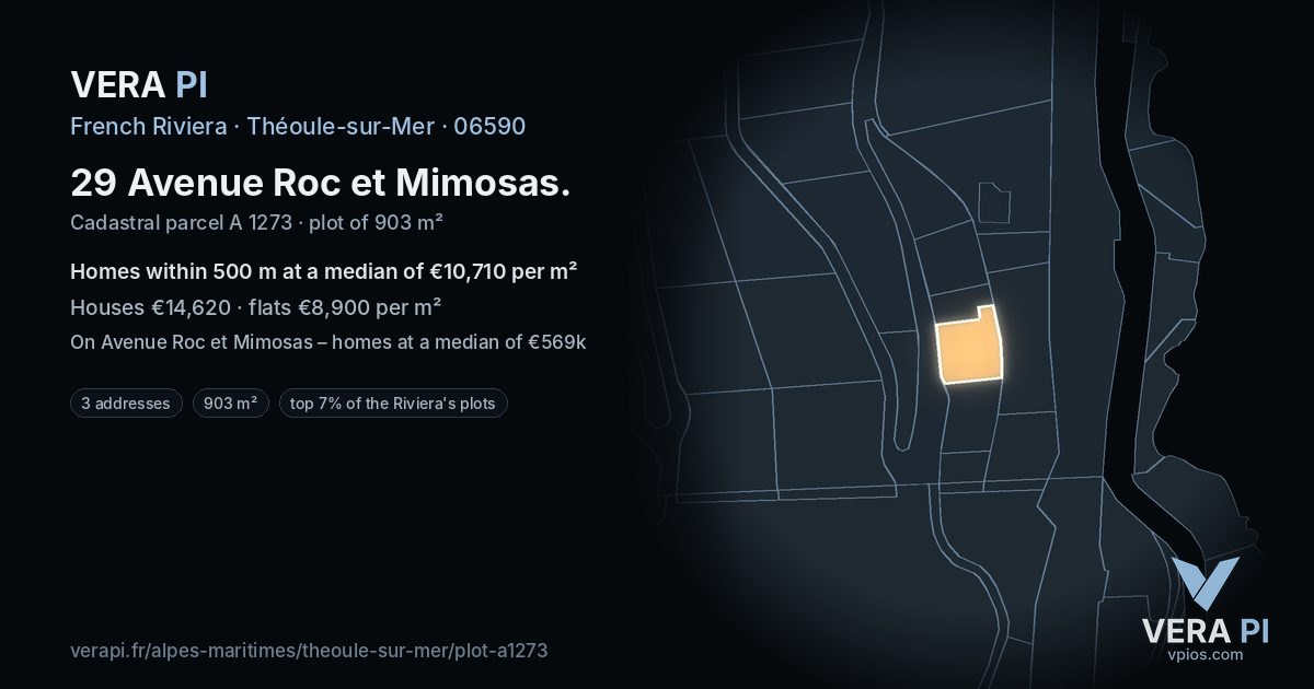 29 Avenue Roc et Mimosas, Théoule-sur-Mer at night – the plot lit, the parcels around coloured by the prices near them