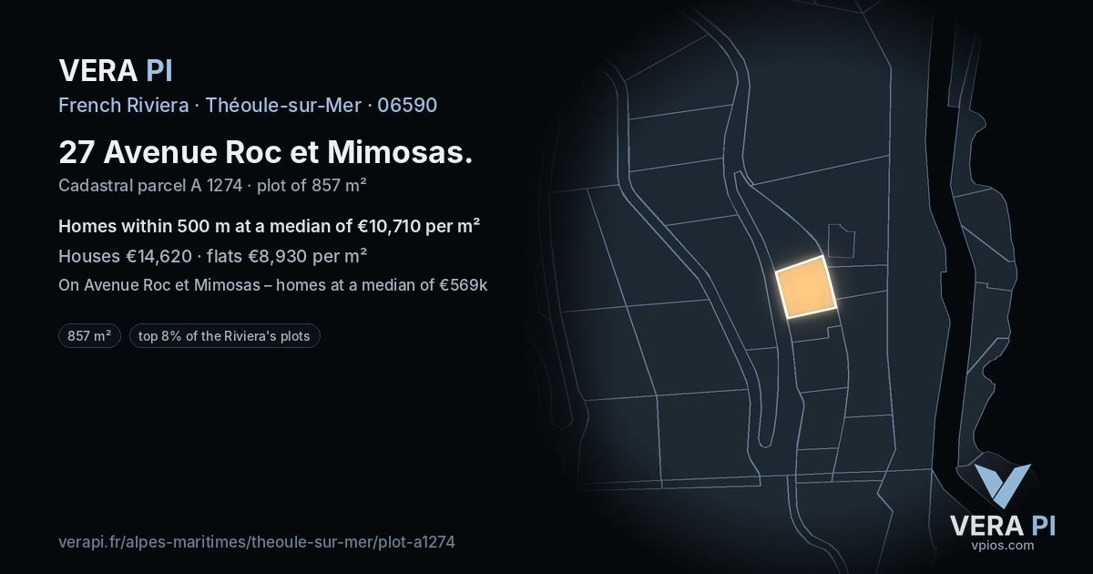 27 Avenue Roc et Mimosas, Théoule-sur-Mer at night – the plot lit, the parcels around coloured by the prices near them