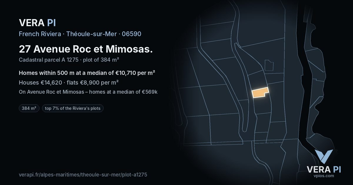 27 Avenue Roc et Mimosas, Théoule-sur-Mer at night – the plot lit, the parcels around coloured by the prices near them