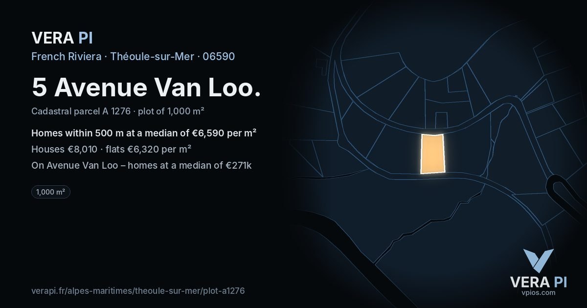 5 Avenue Van Loo, Théoule-sur-Mer at night – the plot lit, the parcels around coloured by the prices near them