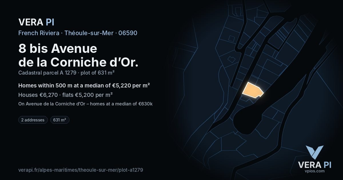 8 bis Avenue de la Corniche d’Or, Théoule-sur-Mer at night – the plot lit, the parcels around coloured by the prices near them