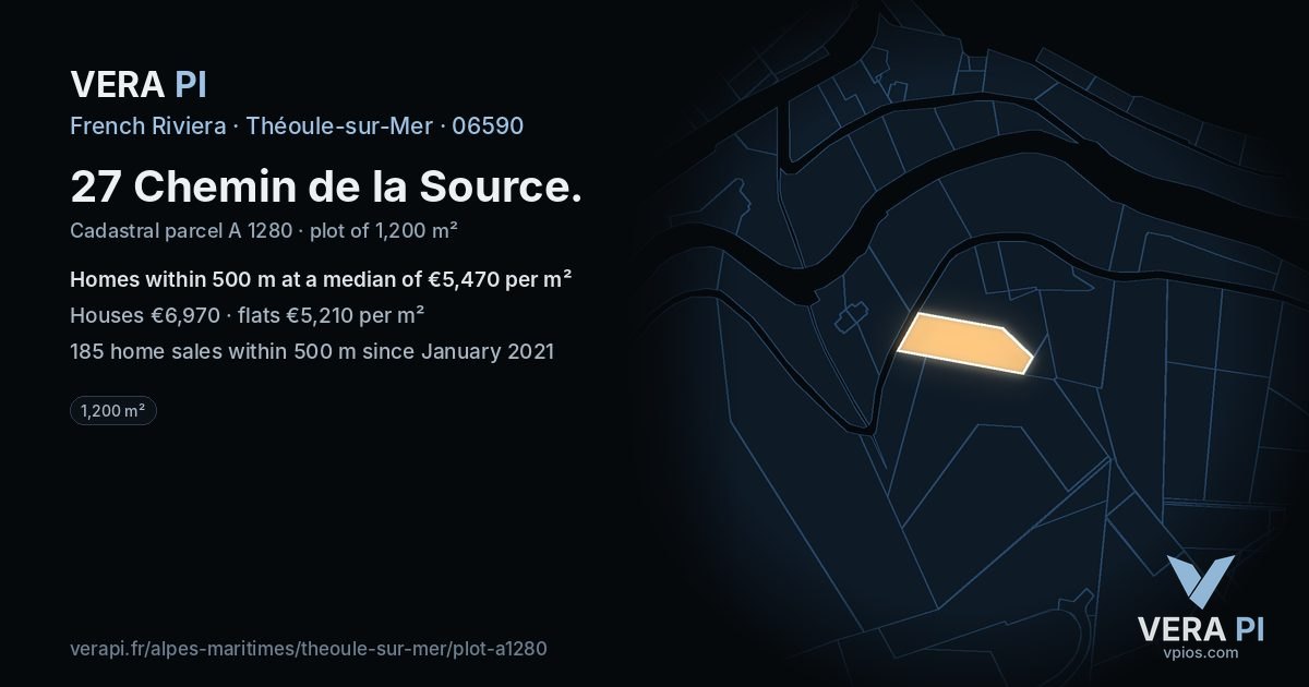 27 Chemin de la Source, Théoule-sur-Mer at night – the plot lit, the parcels around coloured by the prices near them