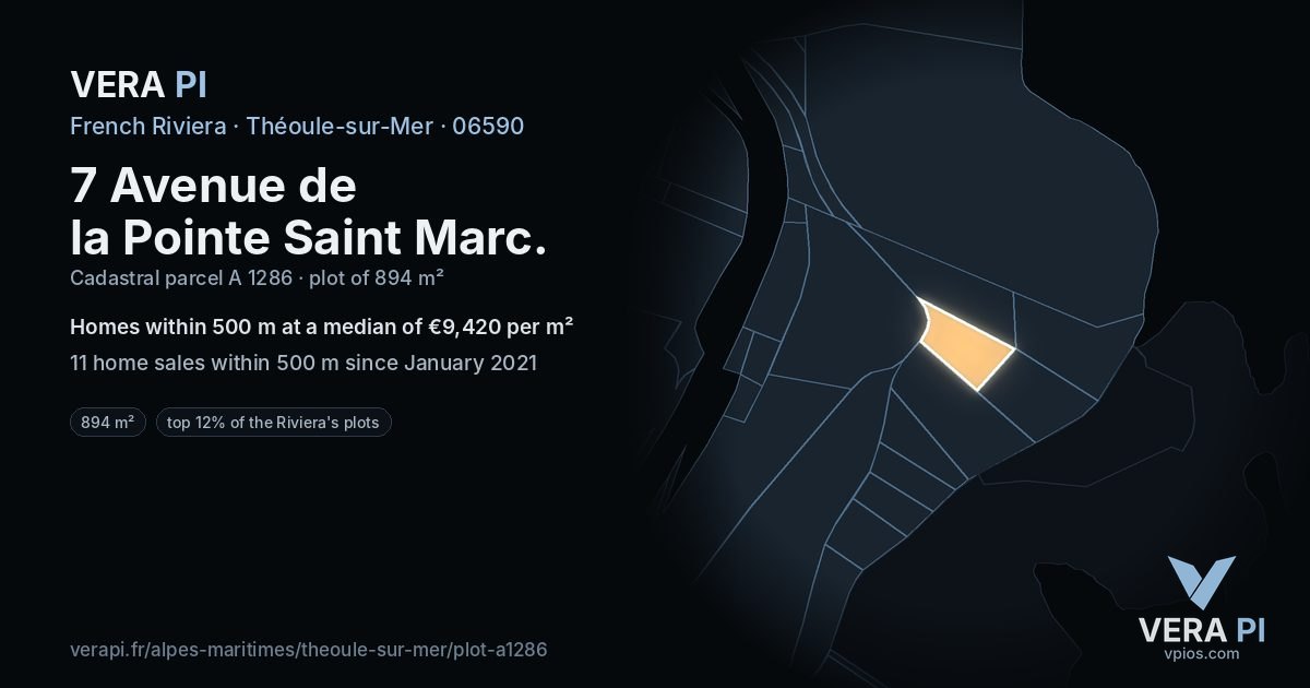 7 Avenue de la Pointe Saint Marc, Théoule-sur-Mer at night – the plot lit, the parcels around coloured by the prices near them