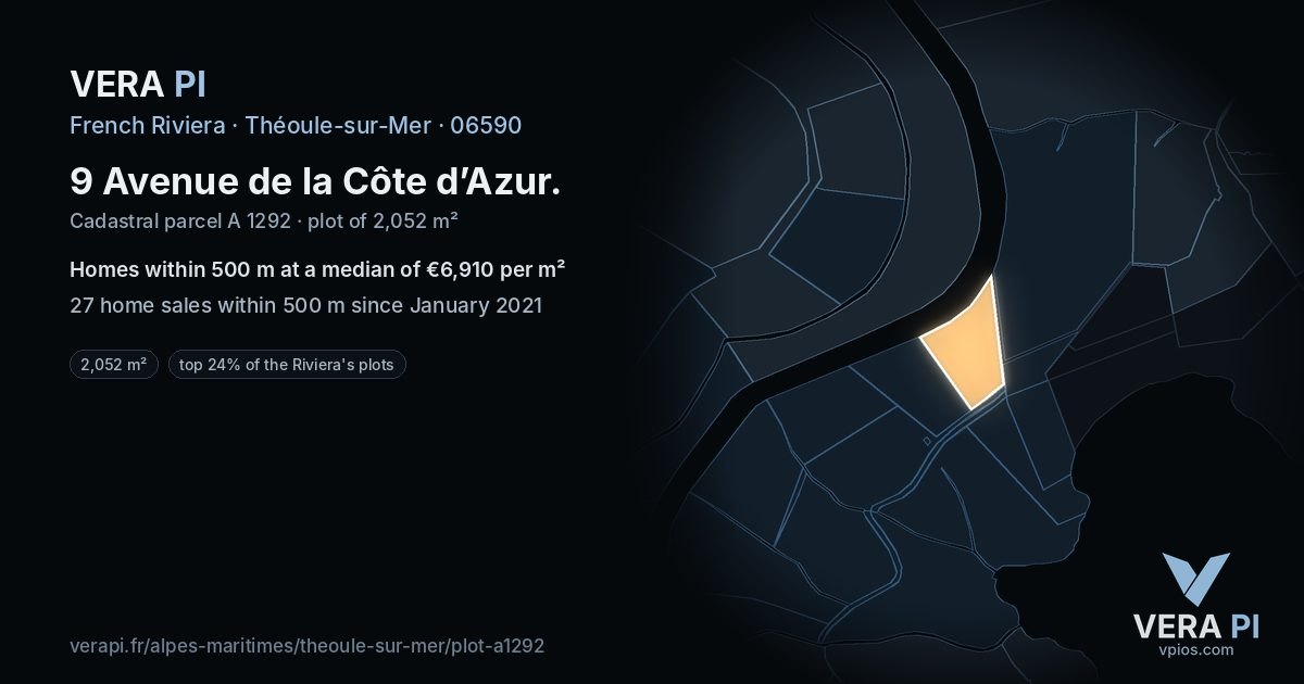 9 Avenue de la Côte d’Azur, Théoule-sur-Mer at night – the plot lit, the parcels around coloured by the prices near them
