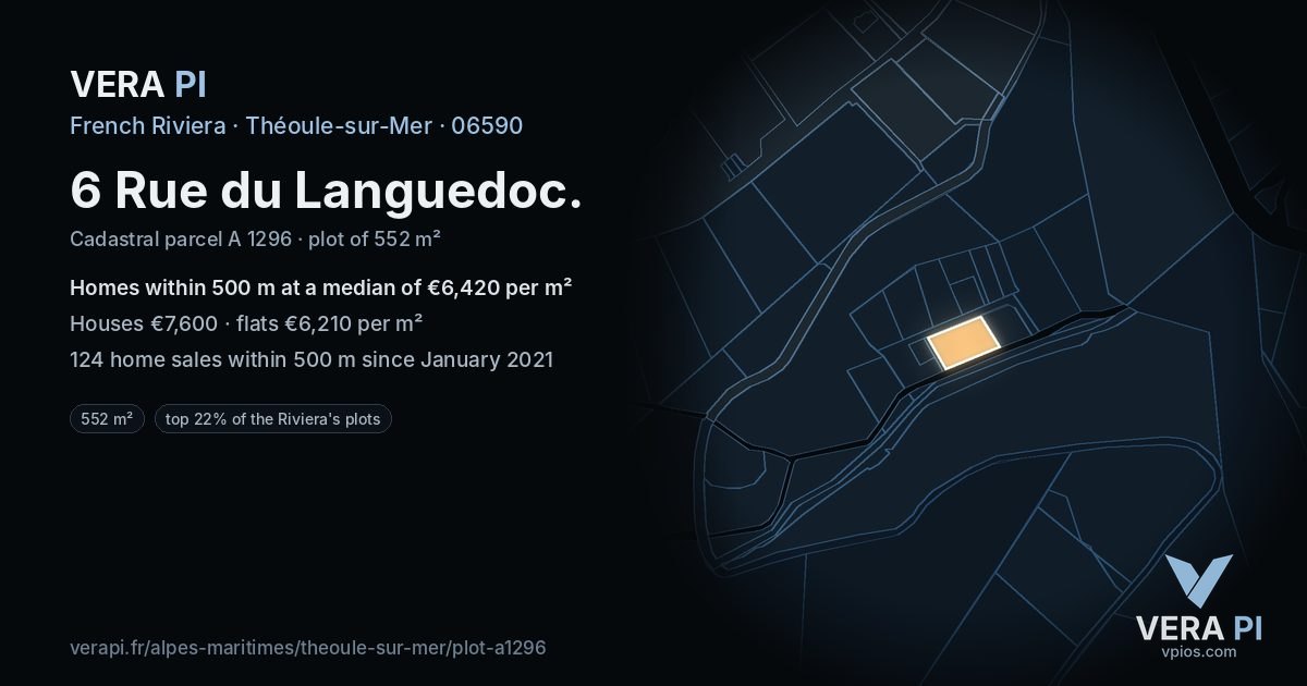 6 Rue du Languedoc, Théoule-sur-Mer at night – the plot lit, the parcels around coloured by the prices near them