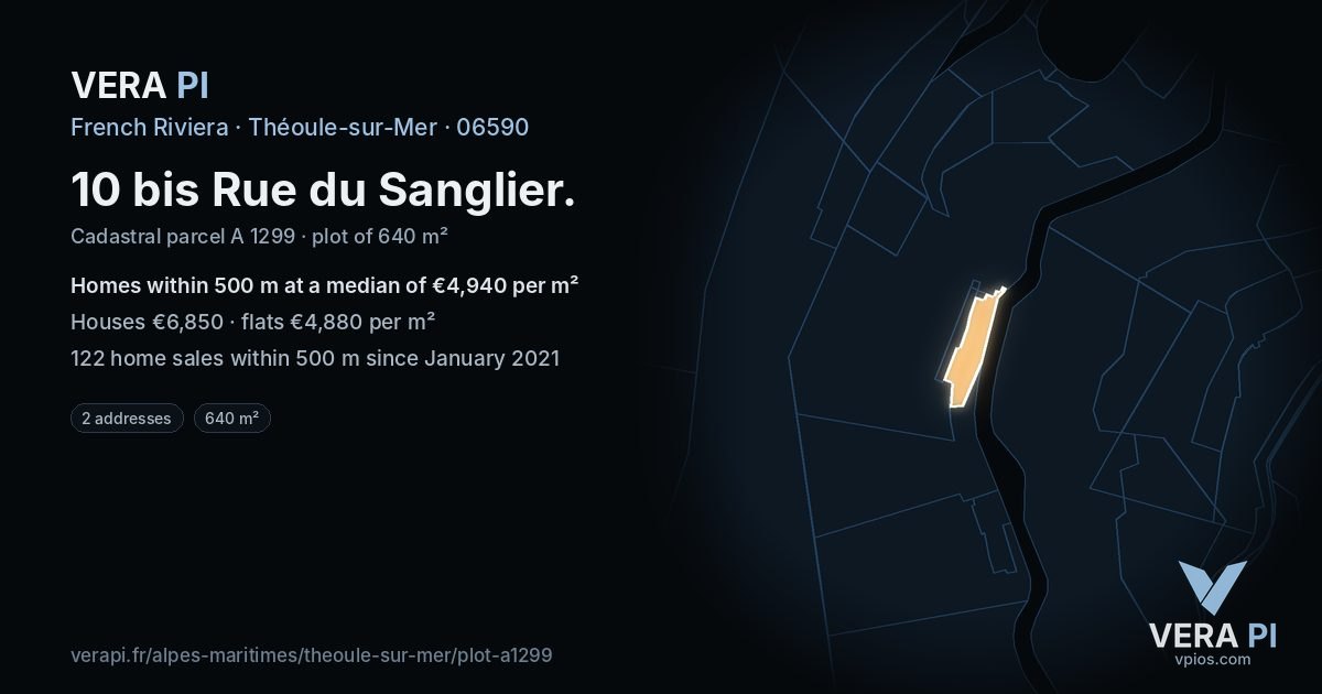 10 bis Rue du Sanglier, Théoule-sur-Mer at night – the plot lit, the parcels around coloured by the prices near them