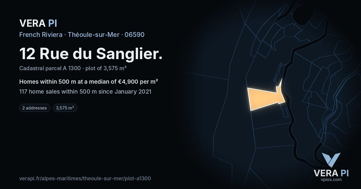 12 Rue du Sanglier, Théoule-sur-Mer at night – the plot lit, the parcels around coloured by the prices near them