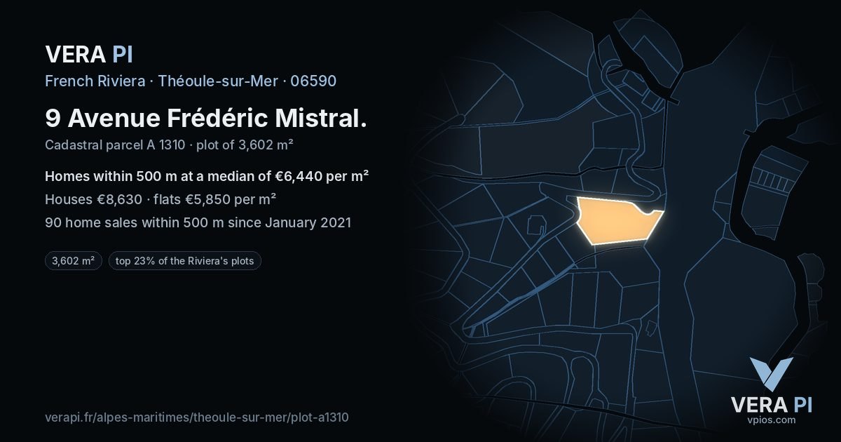 9 Avenue Frédéric Mistral, Théoule-sur-Mer at night – the plot lit, the parcels around coloured by the prices near them