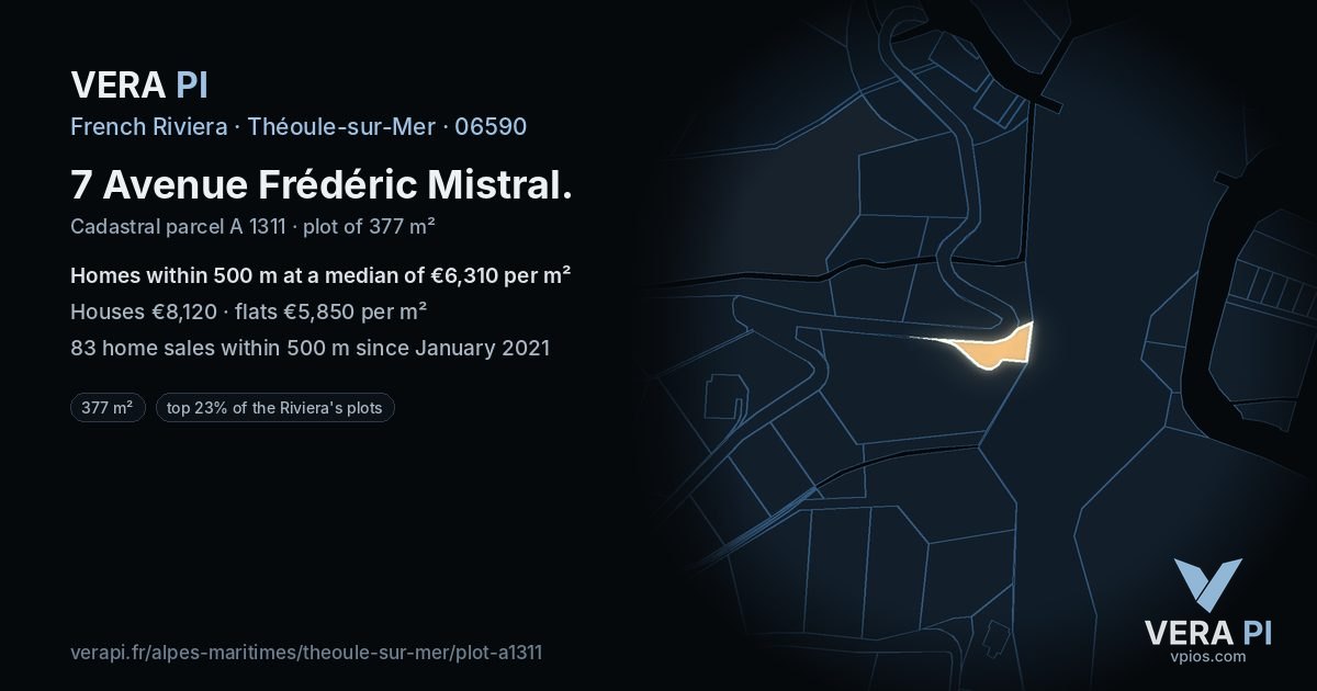 7 Avenue Frédéric Mistral, Théoule-sur-Mer at night – the plot lit, the parcels around coloured by the prices near them