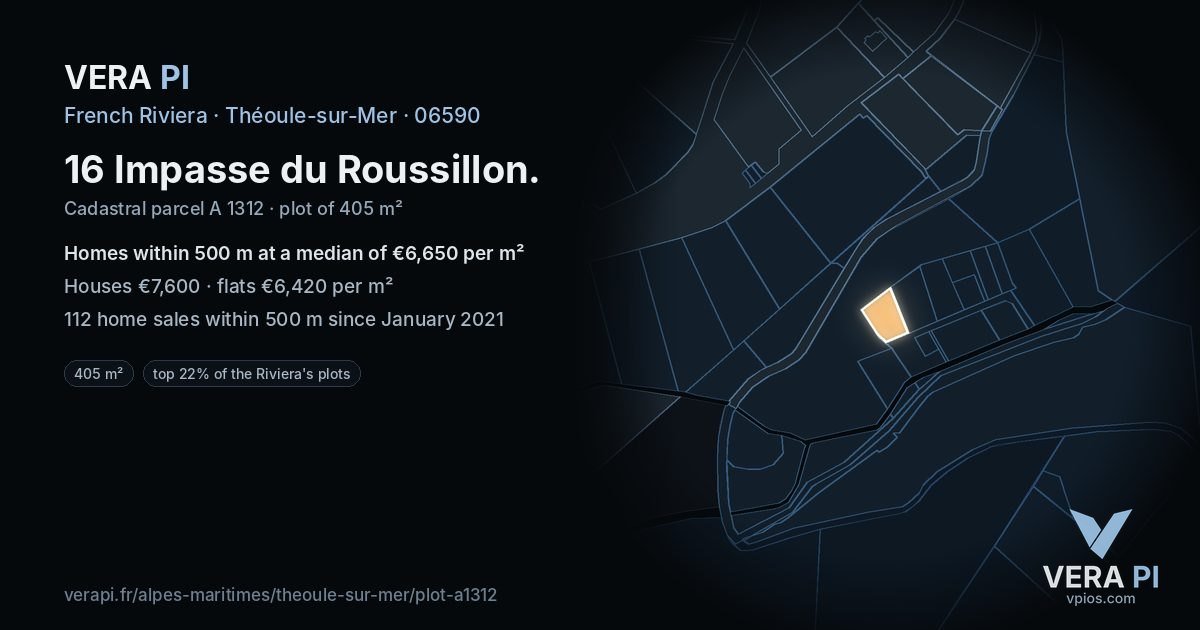16 Impasse du Roussillon, Théoule-sur-Mer at night – the plot lit, the parcels around coloured by the prices near them