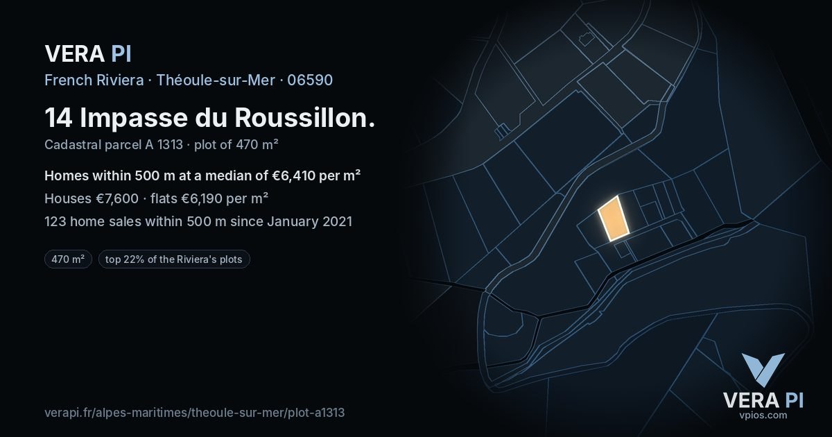 14 Impasse du Roussillon, Théoule-sur-Mer at night – the plot lit, the parcels around coloured by the prices near them