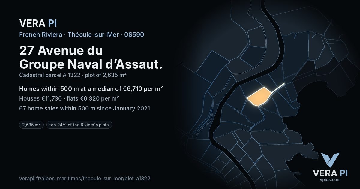 27 Avenue du Groupe Naval d’Assaut, Théoule-sur-Mer at night – the plot lit, the parcels around coloured by the prices near them