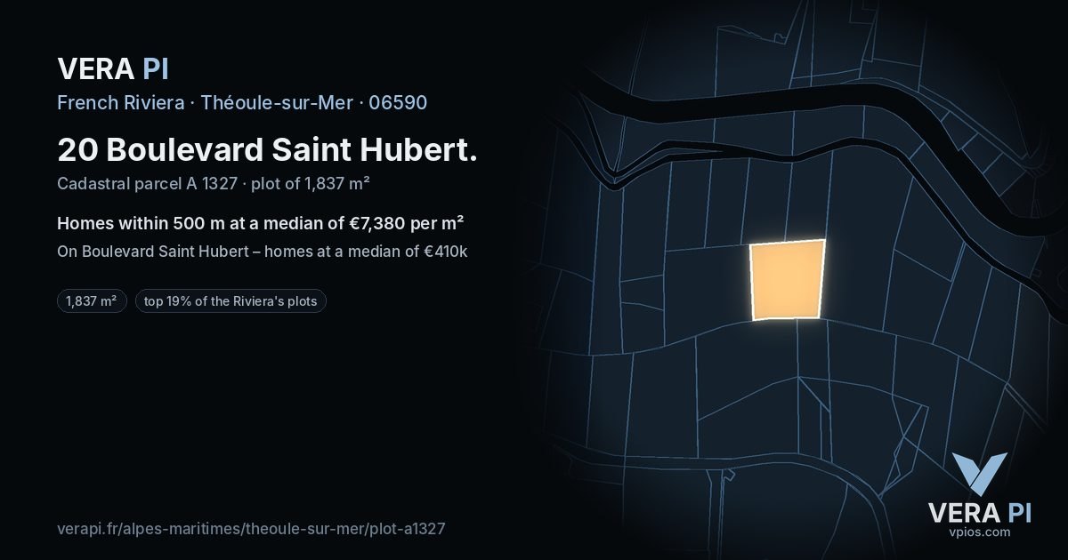 20 Boulevard Saint Hubert, Théoule-sur-Mer at night – the plot lit, the parcels around coloured by the prices near them