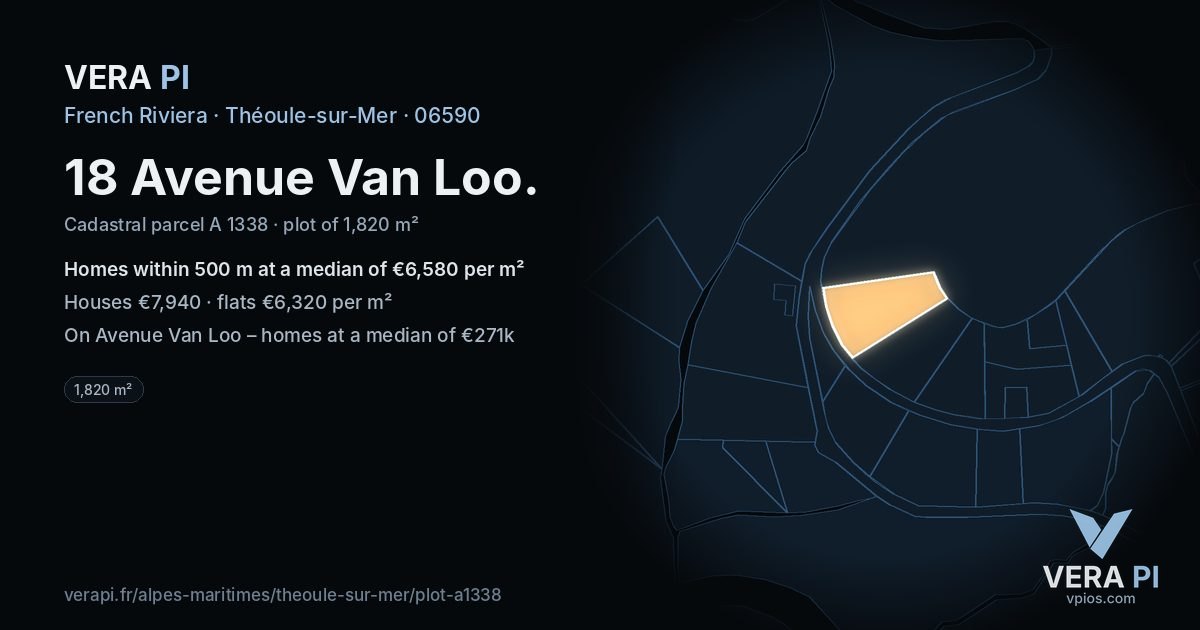 18 Avenue Van Loo, Théoule-sur-Mer at night – the plot lit, the parcels around coloured by the prices near them