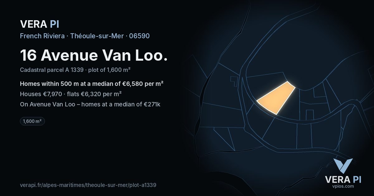 16 Avenue Van Loo, Théoule-sur-Mer at night – the plot lit, the parcels around coloured by the prices near them