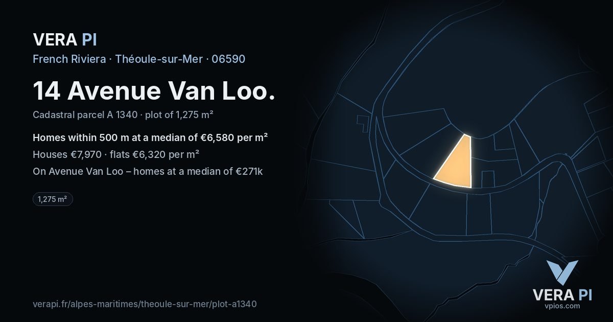 14 Avenue Van Loo, Théoule-sur-Mer at night – the plot lit, the parcels around coloured by the prices near them