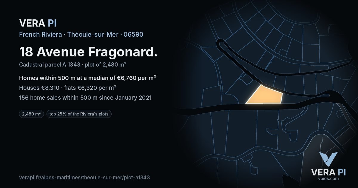 18 Avenue Fragonard, Théoule-sur-Mer at night – the plot lit, the parcels around coloured by the prices near them