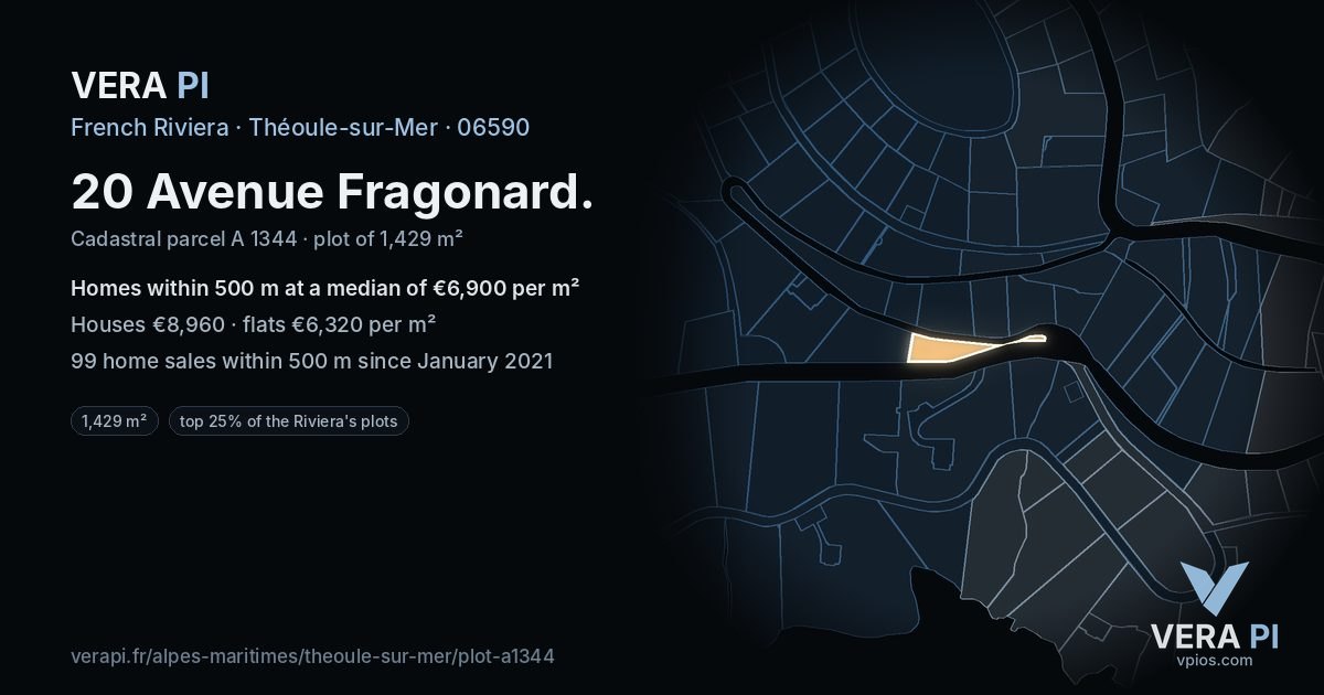 20 Avenue Fragonard, Théoule-sur-Mer at night – the plot lit, the parcels around coloured by the prices near them