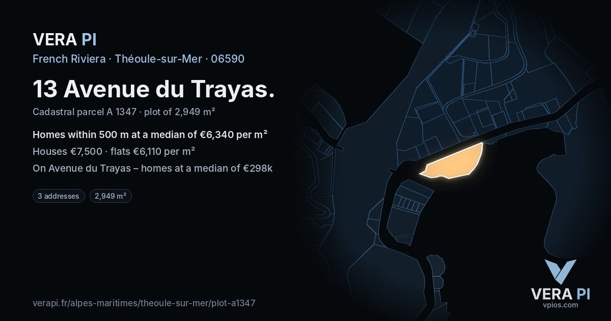 13 Avenue du Trayas, Théoule-sur-Mer at night – the plot lit, the parcels around coloured by the prices near them