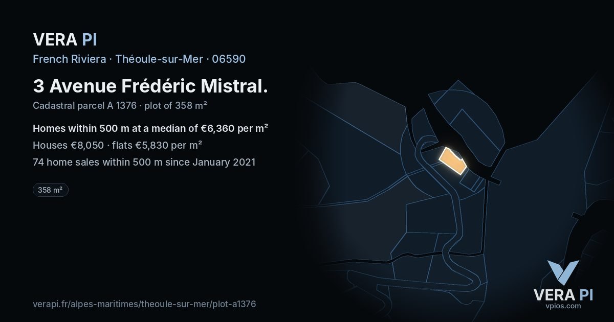 3 Avenue Frédéric Mistral, Théoule-sur-Mer at night – the plot lit, the parcels around coloured by the prices near them