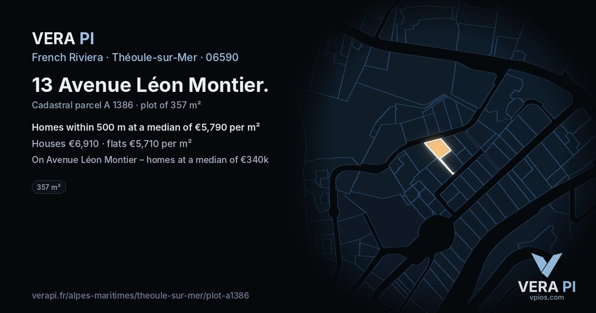 13 Avenue Léon Montier, Théoule-sur-Mer at night – the plot lit, the parcels around coloured by the prices near them