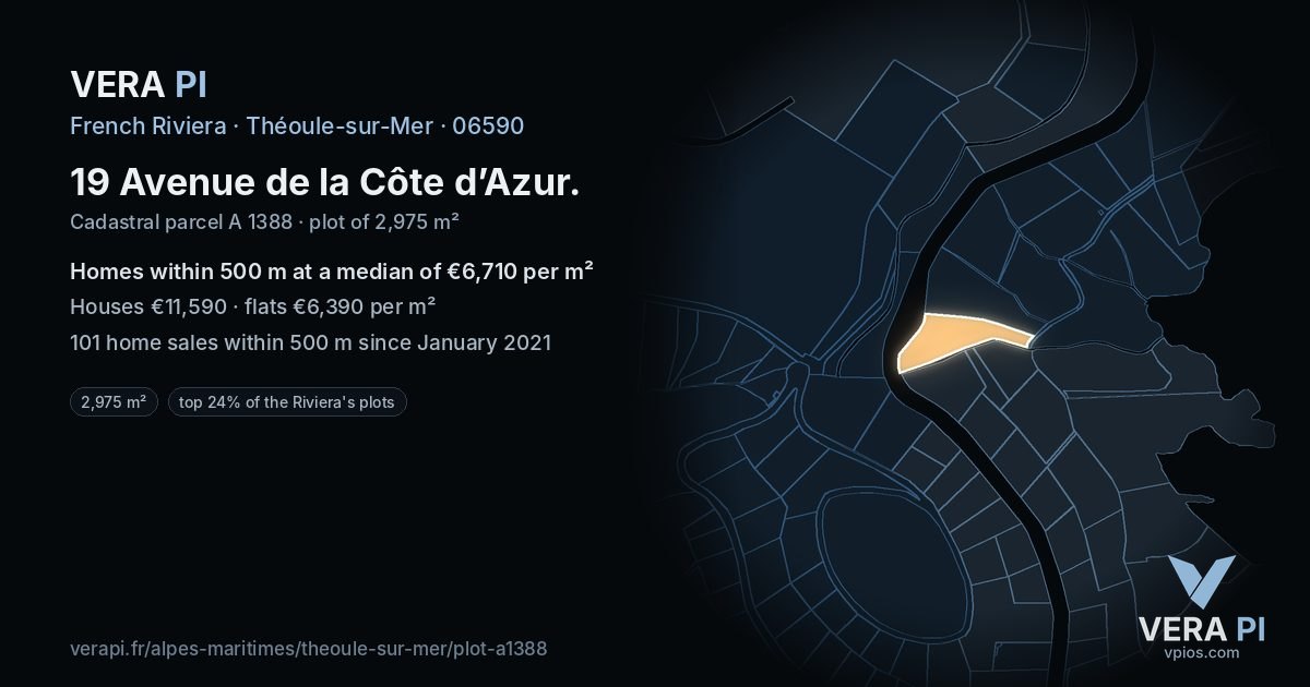 19 Avenue de la Côte d’Azur, Théoule-sur-Mer at night – the plot lit, the parcels around coloured by the prices near them