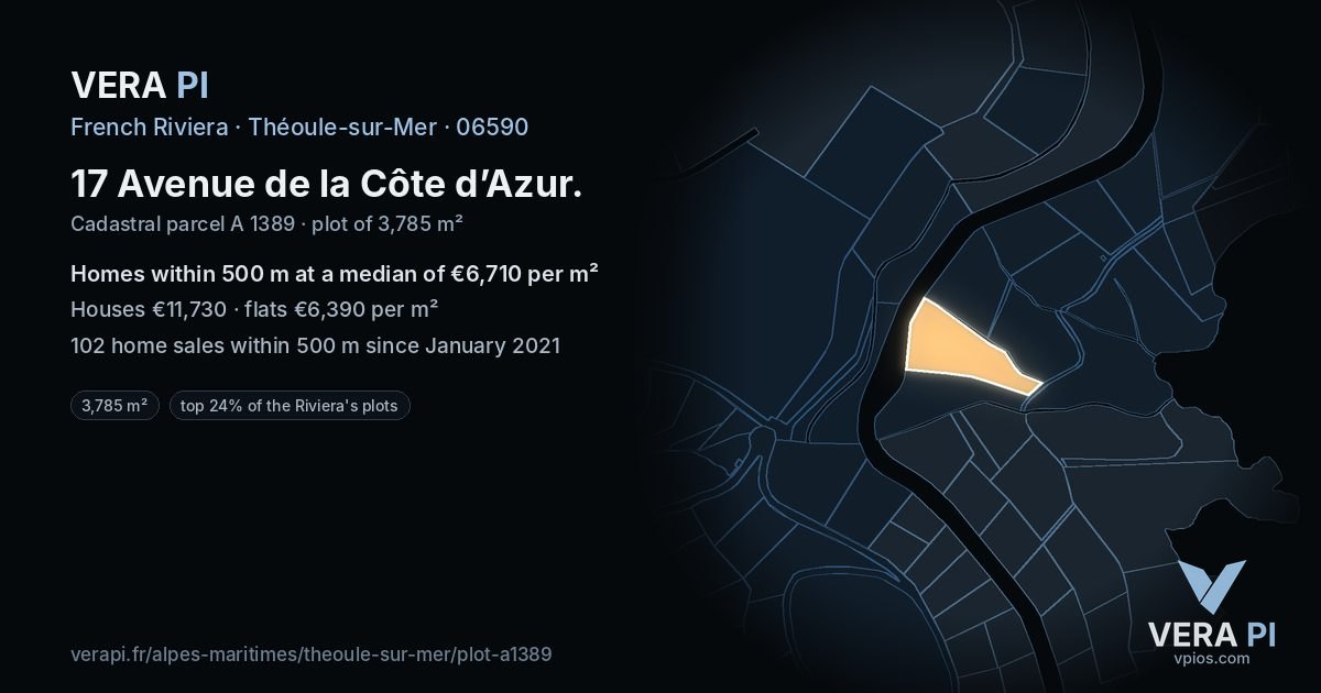 17 Avenue de la Côte d’Azur, Théoule-sur-Mer at night – the plot lit, the parcels around coloured by the prices near them