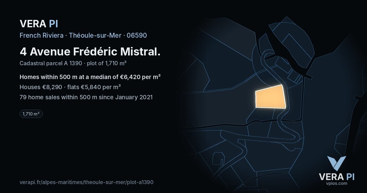 4 Avenue Frédéric Mistral, Théoule-sur-Mer at night – the plot lit, the parcels around coloured by the prices near them