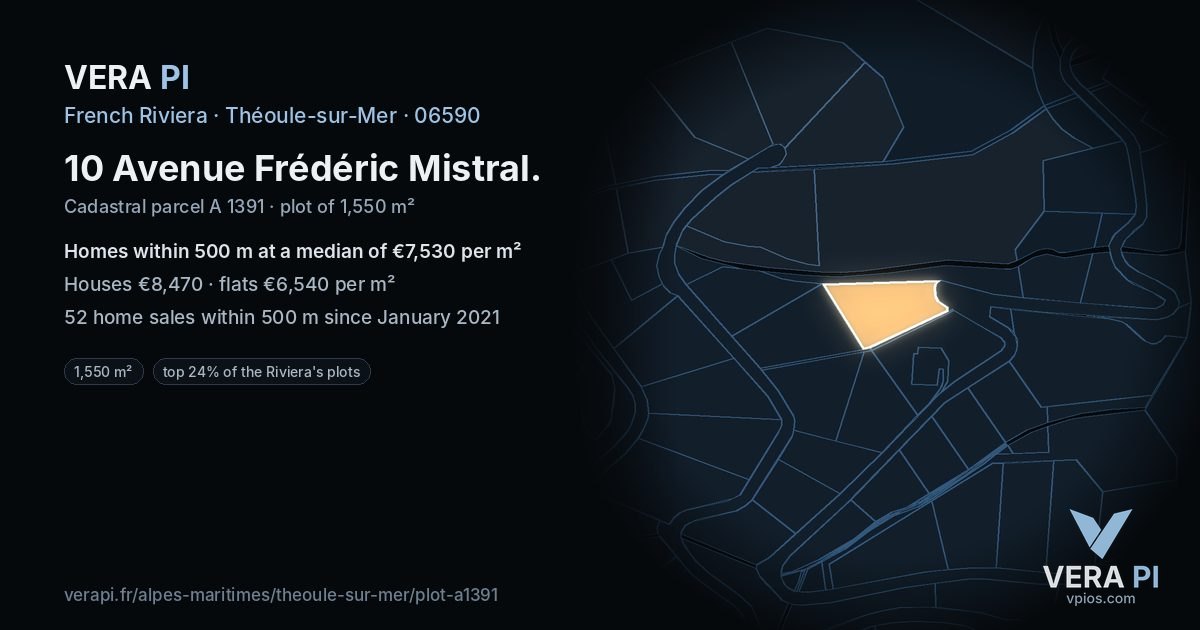 10 Avenue Frédéric Mistral, Théoule-sur-Mer at night – the plot lit, the parcels around coloured by the prices near them