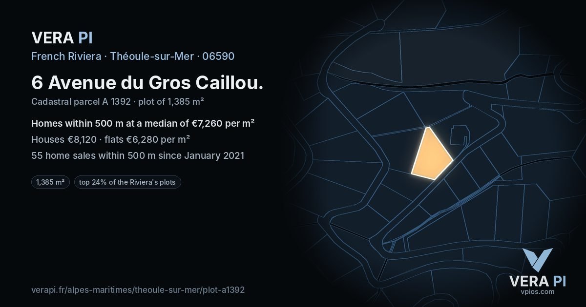 6 Avenue du Gros Caillou, Théoule-sur-Mer at night – the plot lit, the parcels around coloured by the prices near them
