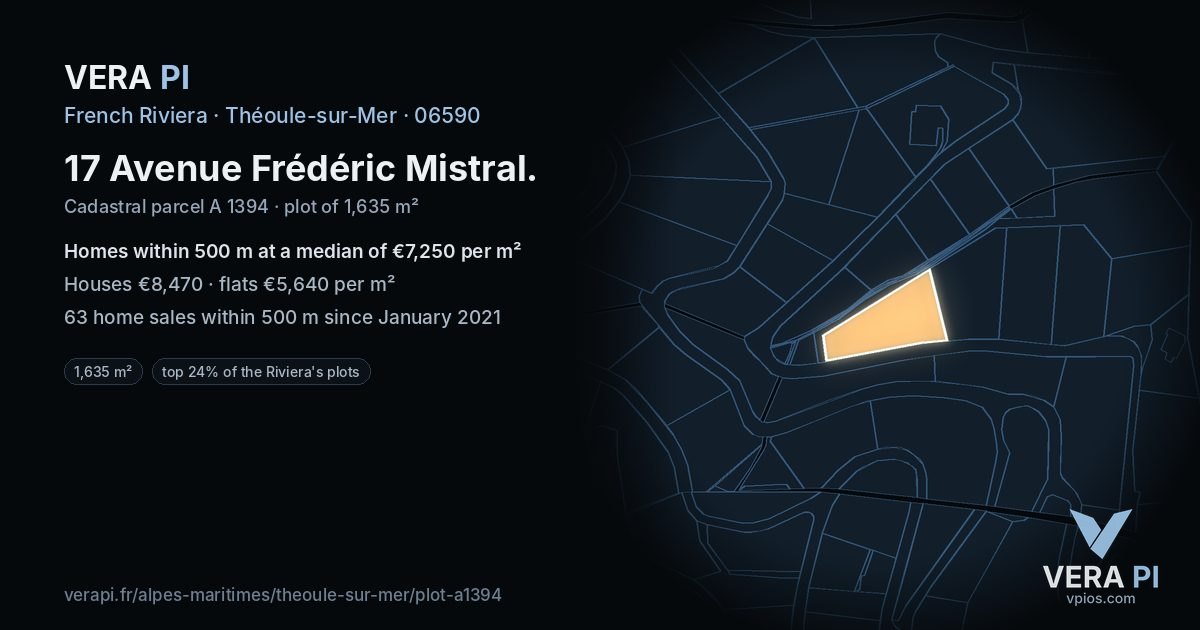 17 Avenue Frédéric Mistral, Théoule-sur-Mer at night – the plot lit, the parcels around coloured by the prices near them