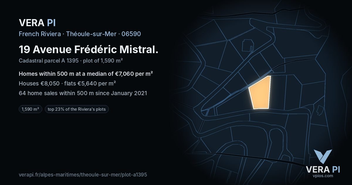 19 Avenue Frédéric Mistral, Théoule-sur-Mer at night – the plot lit, the parcels around coloured by the prices near them